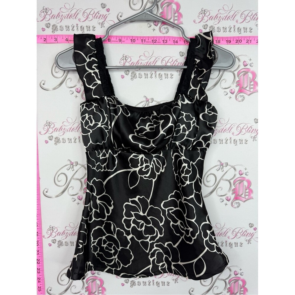 Sirens top tank Black Floral Satin Tank Top with White Outline Flowers milkmaid